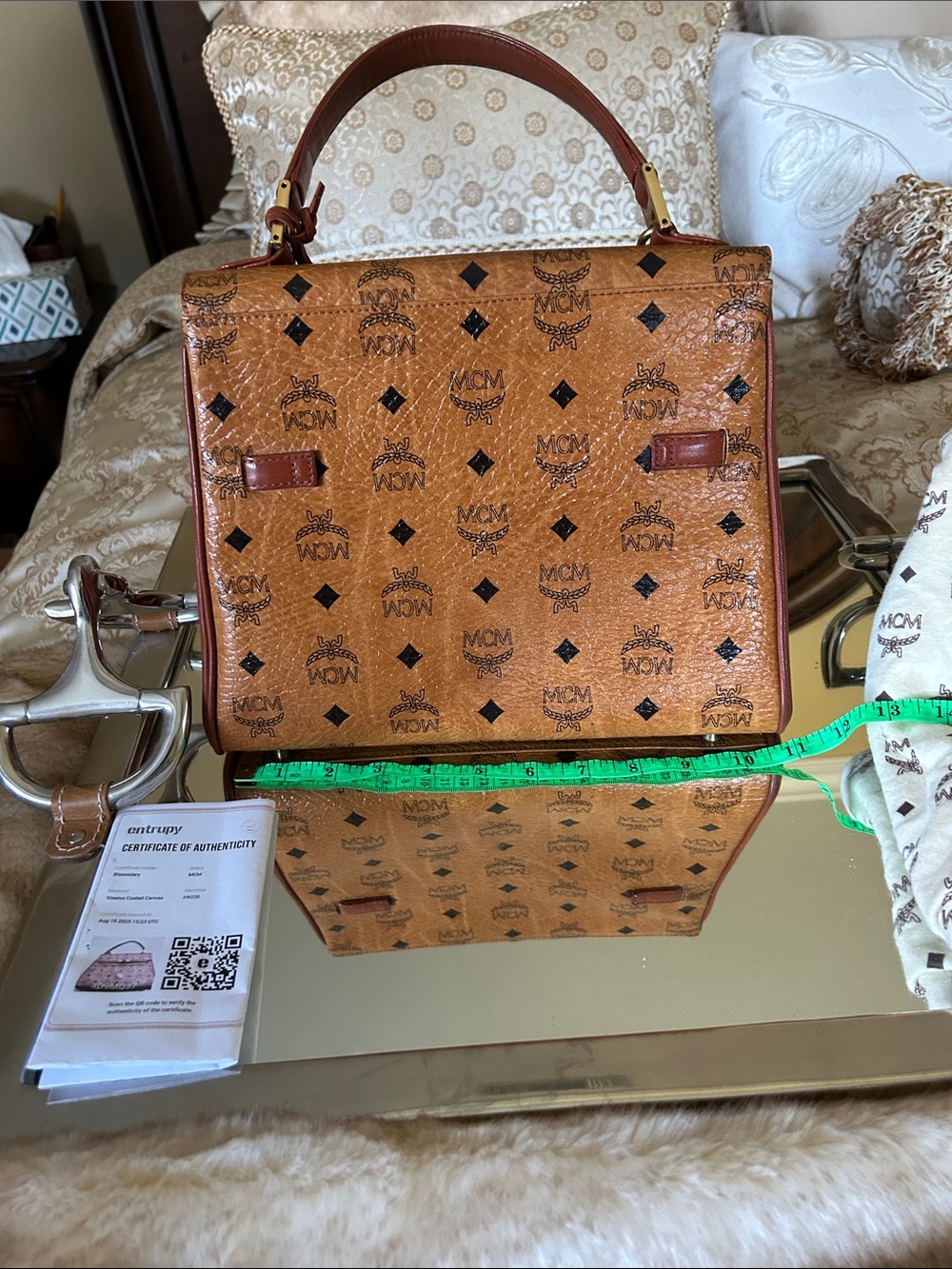 MCM Cognac Logo Visetos Top Handle Satchel with Gold Hardware lock w keys  COA - Picture 3 of 15